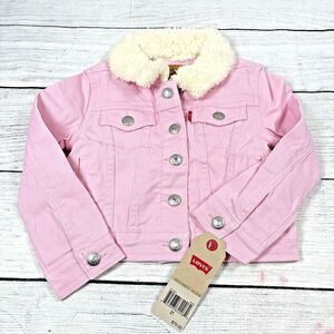 Levis Pink Denim Trucker Jacket Toddler Girls Sz 2T Sherpa Collar Button NEW